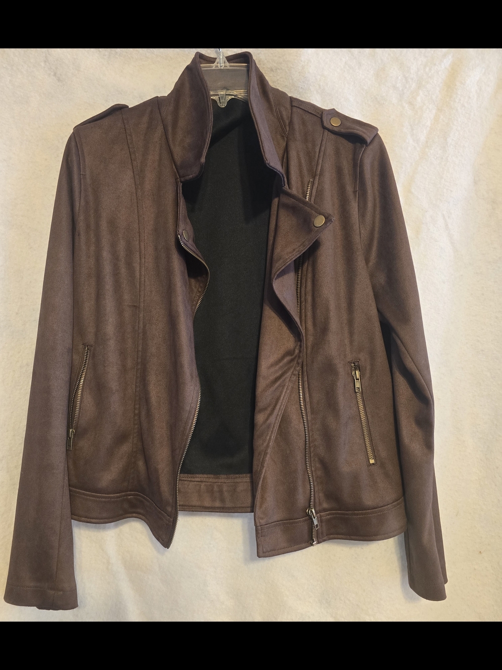 JustFab Brown Faux Leather Moto-Style Bomber Jacket